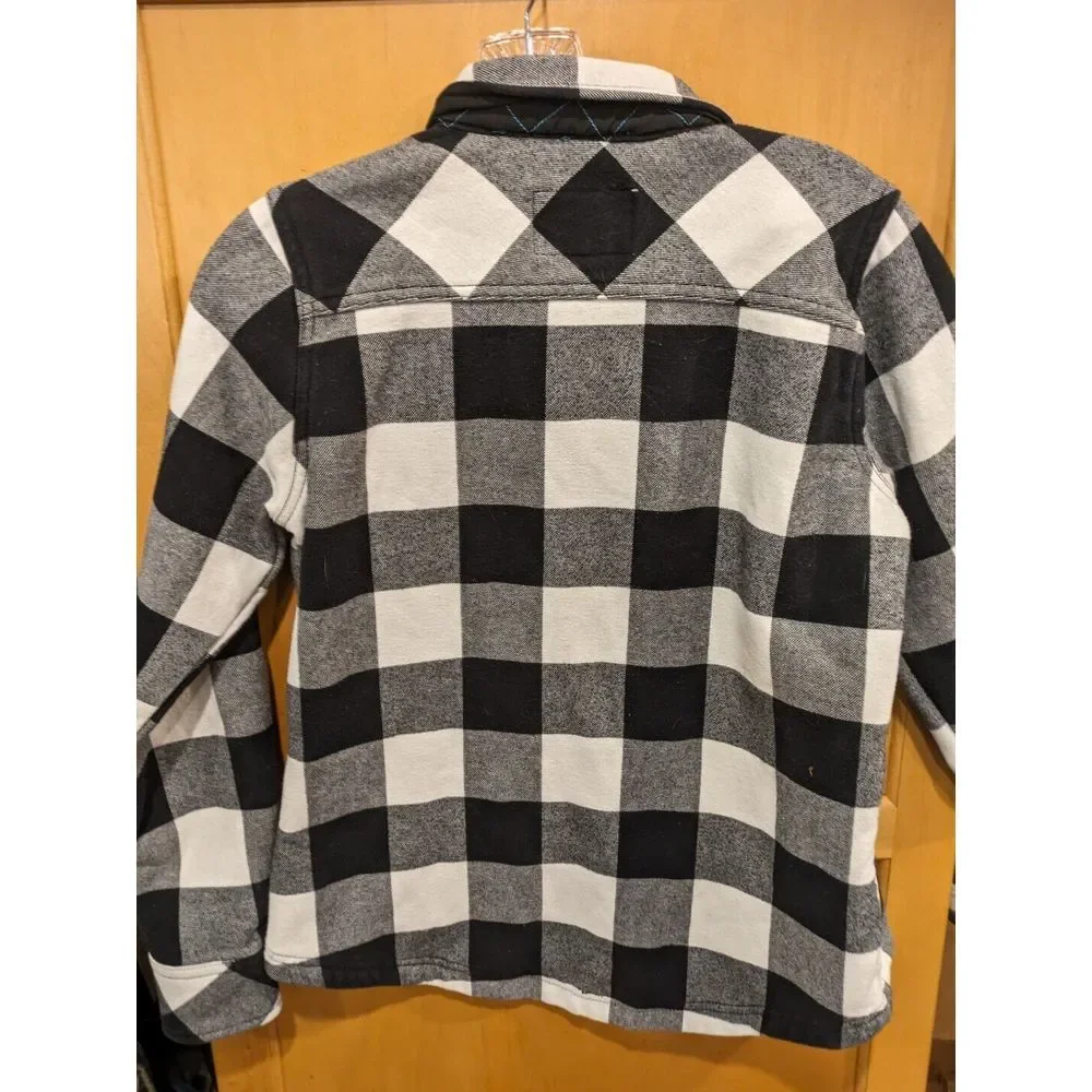 Orvis Women Jacket‎ Small Black White Check Plaid Shacket Fleece Snap Collar